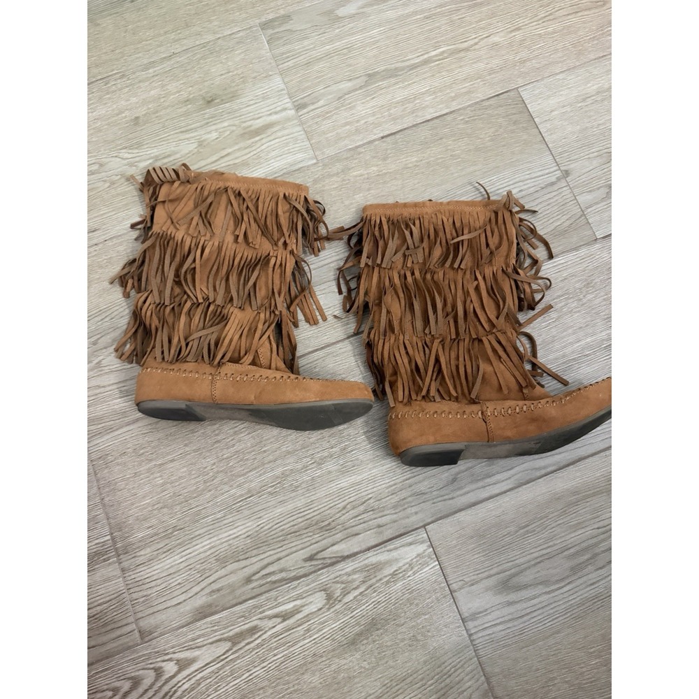 Brown Suede Fringe Moccasin Mid-Calf Pull-On Boots Size 8